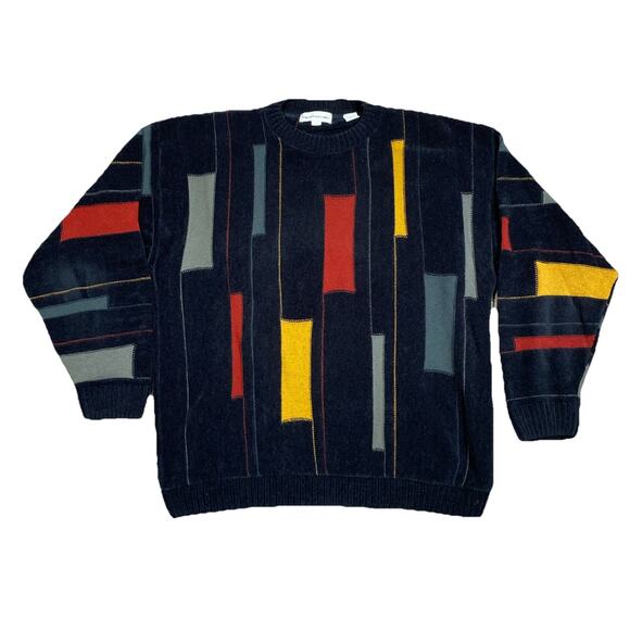 VTG Pronto Uomo XL Made USA Abstract Geometric Sweater Black Red Yellow 90s - Picture 1 of 9